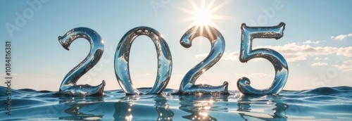 Crystal Clear 2025 Numbers Floating on Water under Bright Sunlig photo