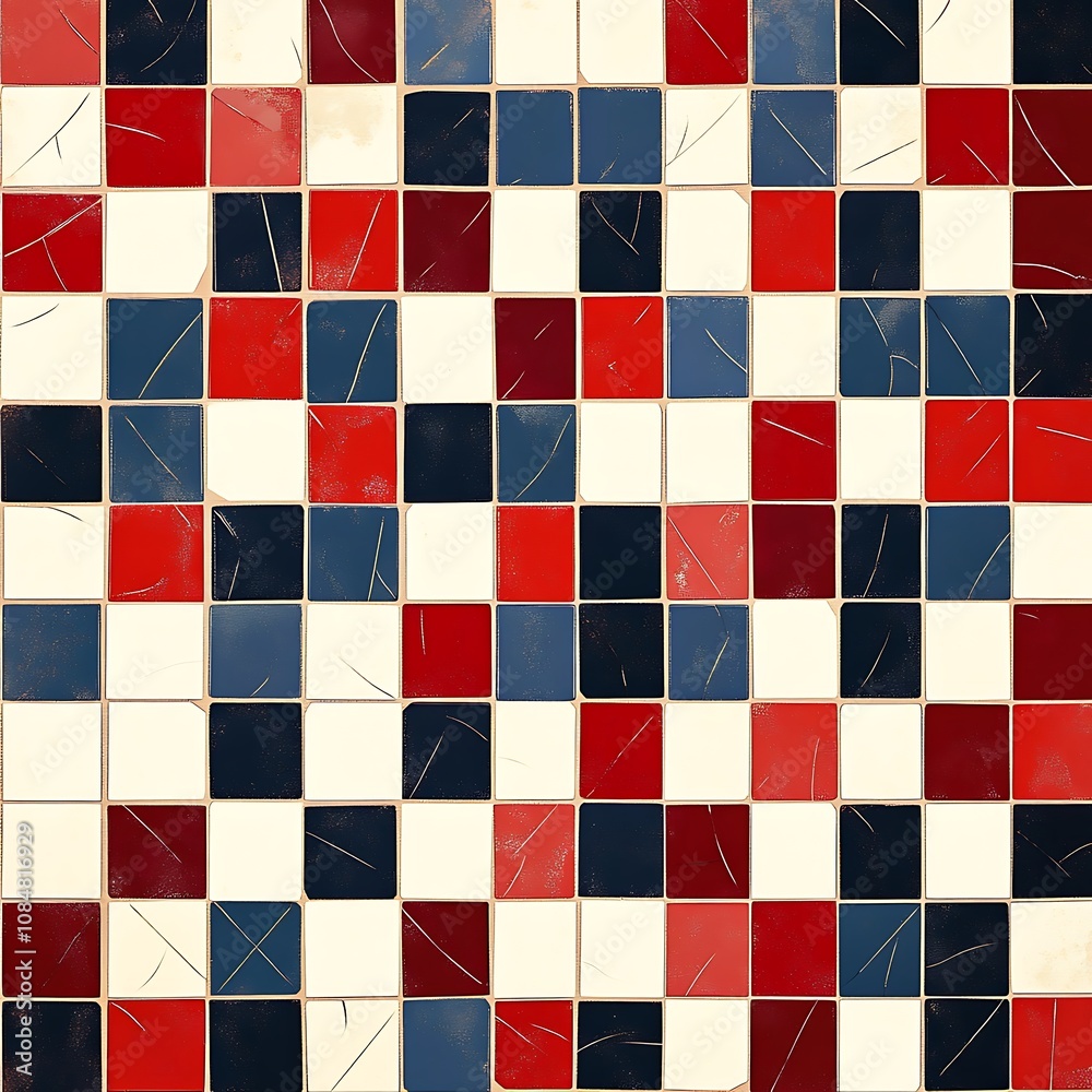 Checkerboard Pattern of Red, White, Blue, and Black Tiles Checkerboard Pattern of Red, White, Blue, and Black Tiles