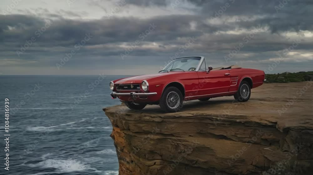 A classic red convertible parked on a cliff overlooking the ocean under a cloudy sky. A classic red convertible parked on a cliff overlooking the ocean under a cloudy sky.
