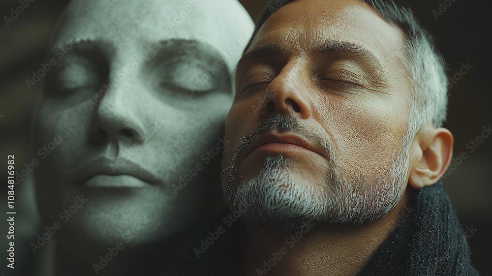 A man and a woman are lying next to each other, with the man's face showing a sense of calmness A man and a woman are lying next to each other, with the man's face showing a sense of calmness
