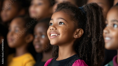 A joyful girl with curly hair smiles brightly while watching a performance, surrounded by a diverse group of children. Expression of happiness and wonder.