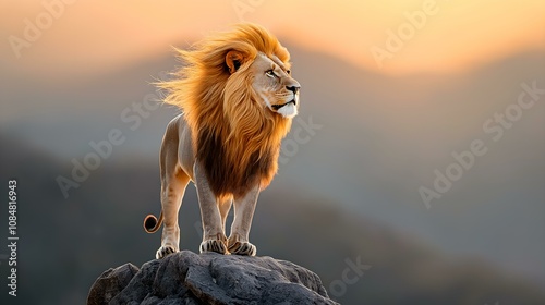 A majestic lion stands atop a rocky outcrop, its mane flowing in the wind as the sun sets in the background, showcasing the beauty of wildlife. photo