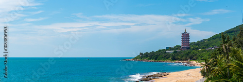 view of the sea and city from the sea. view of the sea. Beautiful beach in Sanya City, Hainan Province, China