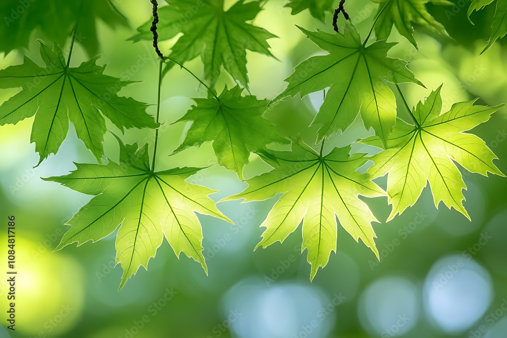 Close-up of vibrant green maple leaves against a soft background. Close-up of vibrant green maple leaves against a soft background.