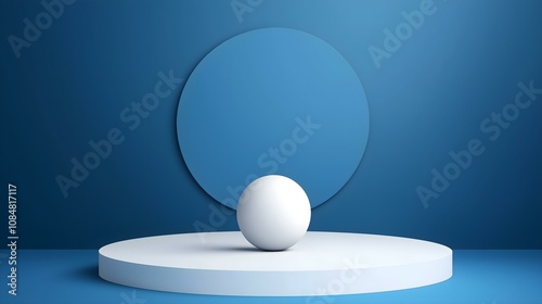 A minimalist composition featuring a white sphere on a circular pedestal against a vibrant blue background, ideal for modern design projects.