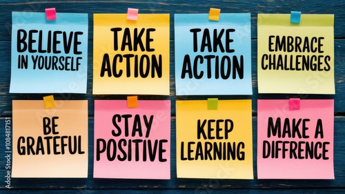 A colorful arrangement of motivational sticky notes with uplifting messages promoting positivity, action, gratitude, and personal growth. photo