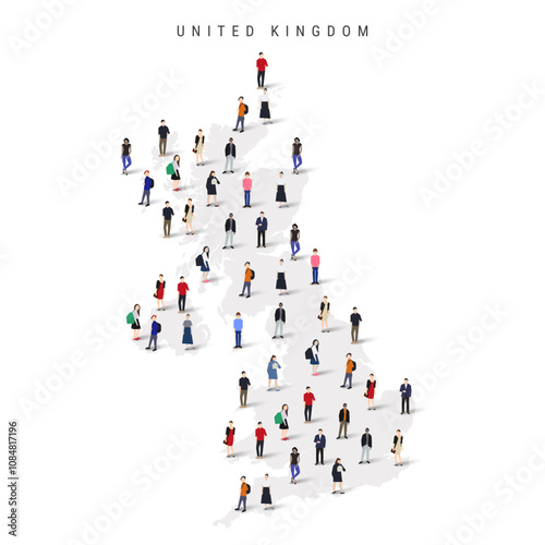 United Kingdom population map. Large group of realistic a diverse crowd of people figures in a shape of British map. Flat vector illustration isolated on white.