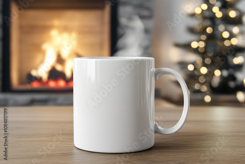 Blank white mug mockup in defocused holiday living room with fireplace background Flattering catalog style template steam from hot beverage perfect studio lighting cozy Christmas tree quiet time relax photo