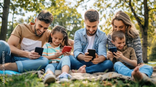 A family enjoying outdoor activities while staying connected through mobile devices, symbolizing bonding in a tech-savvy family, Contemporary lifestyle scene photo