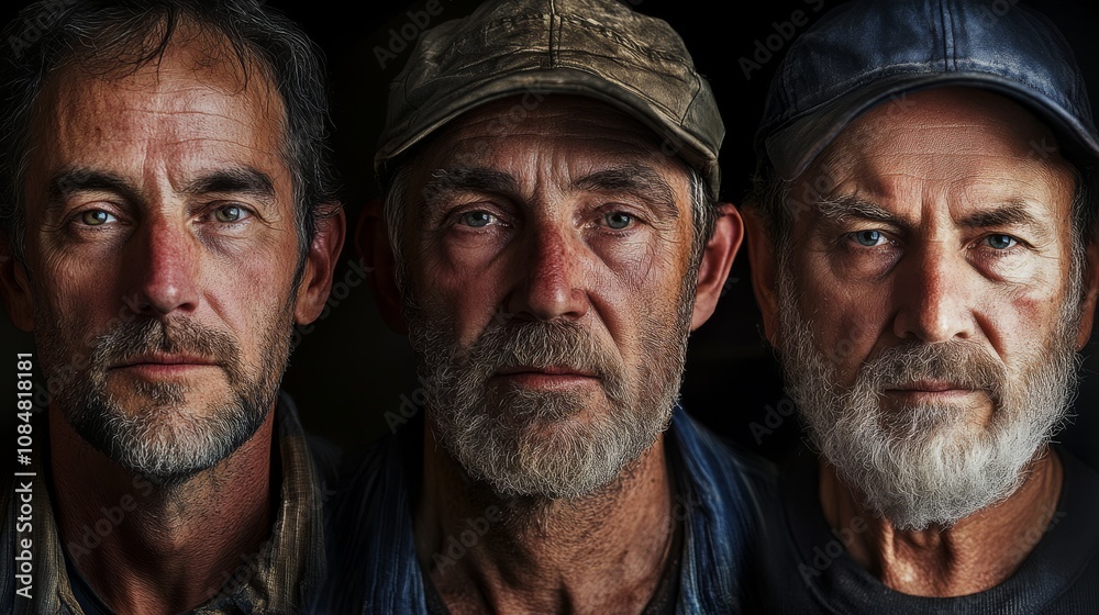 The image features three rugged men, each with distinct facial expressions, showcasing their weathered features and unique hats against a dark background. The image features three rugged men, each with distinct facial expressions, showcasing their weathered features and unique hats against a dark background.