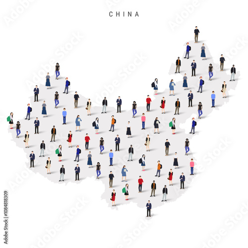 China population map. Large group of realistic a diverse crowd of people figures in a shape of Chinese map. Flat vector illustration isolated on white.