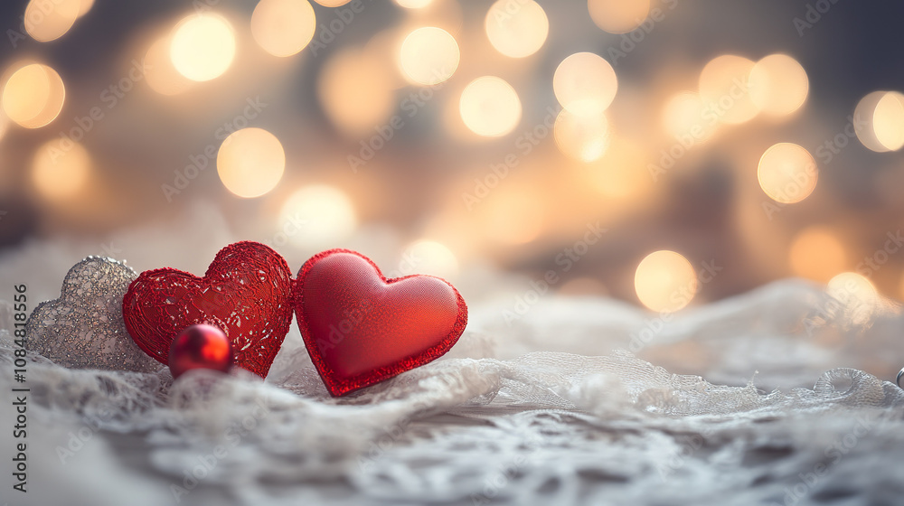 Fototapeta premium Two red hearts rest on delicate lace with dreamy bokeh background