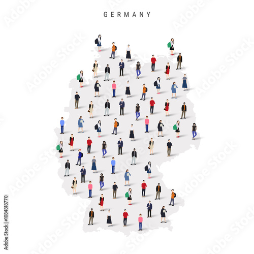 Germany population map. Large group of realistic a diverse crowd of people figures in a shape of German map. Flat vector illustration isolated on white.