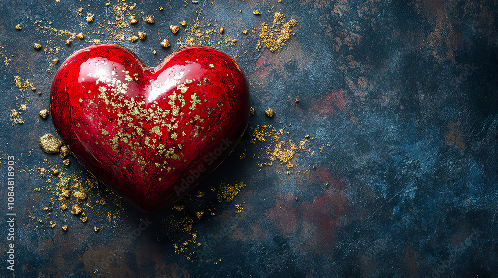 shiny red heart shaped object with gold flakes rests on textured dark surface shiny red heart shaped object with gold flakes rests on textured dark surface