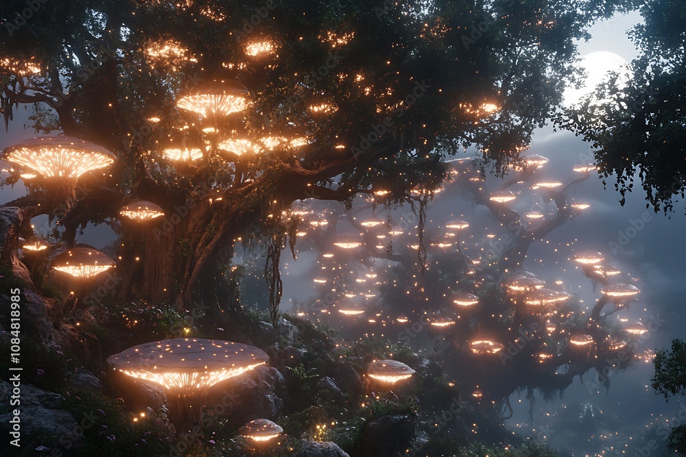Enchanted forest with glowing mushrooms and mystical atmosphere. Enchanted forest with glowing mushrooms and mystical atmosphere.