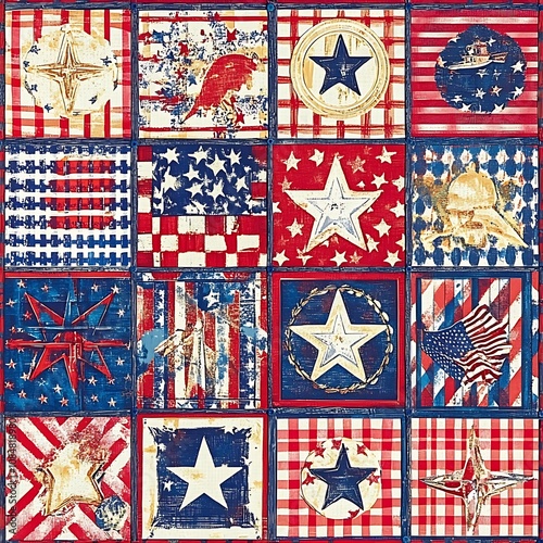 A patchwork quilt of red, white, and blue with stars and American flag motifs