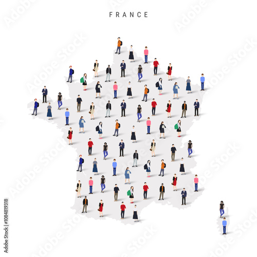 France population map. Large group of realistic a diverse crowd of people figures in a shape of French map. Flat vector illustration isolated on white.