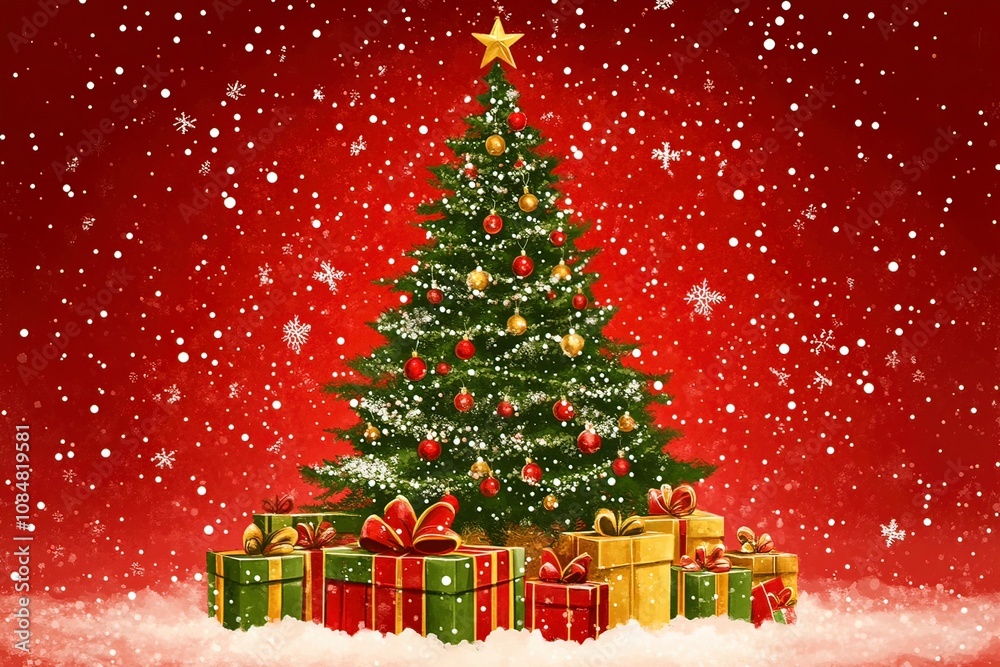 Christmas card with Christmas tree and gifts on a red background. with a place for congratulations. with generative ai Christmas card with Christmas tree and gifts on a red background. with a place for congratulations. with generative ai