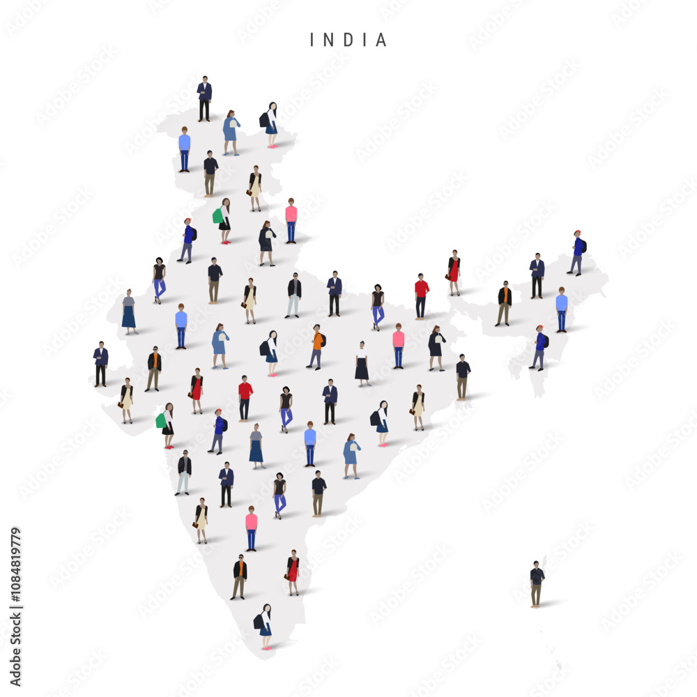 India population map. Large group of realistic a diverse crowd of people figures in a shape of Indian map. Flat vector illustration isolated on white. India population map. Large group of realistic a diverse crowd of people figures in a shape of Indian map. Flat vector illustration isolated on white.