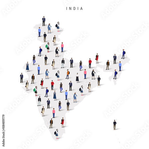 India population map. Large group of realistic a diverse crowd of people figures in a shape of Indian map. Flat vector illustration isolated on white.