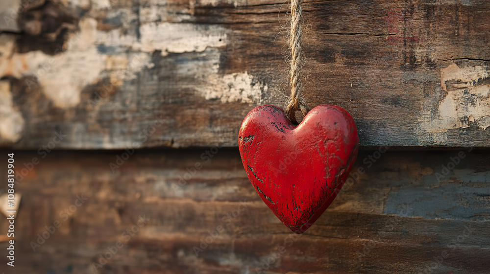 rustic red heart hangs on weathered wooden wall, evoking warmth and nostalgia. rustic red heart hangs on weathered wooden wall, evoking warmth and nostalgia.