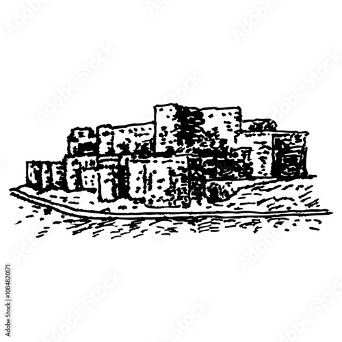 Medieval castle Krak des Chevaliers of the order of the Knights Hospitaller in Syria. Historical architectural fortress monument. Hand drawn linear doodle rough sketch. Black and white silhouette.