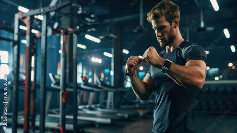 A fitness enthusiast tracking workout progress with a smartwatch in a gym setting, Health and fitness scene, Dynamic style A fitness enthusiast tracking workout progress with a smartwatch in a gym setting, Health and fitness scene, Dynamic style