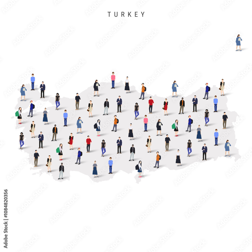 Turkey population map. Large group of realistic a diverse crowd of people figures in a shape of Turkish map. Flat vector illustration isolated on white. Turkey population map. Large group of realistic a diverse crowd of people figures in a shape of Turkish map. Flat vector illustration isolated on white.