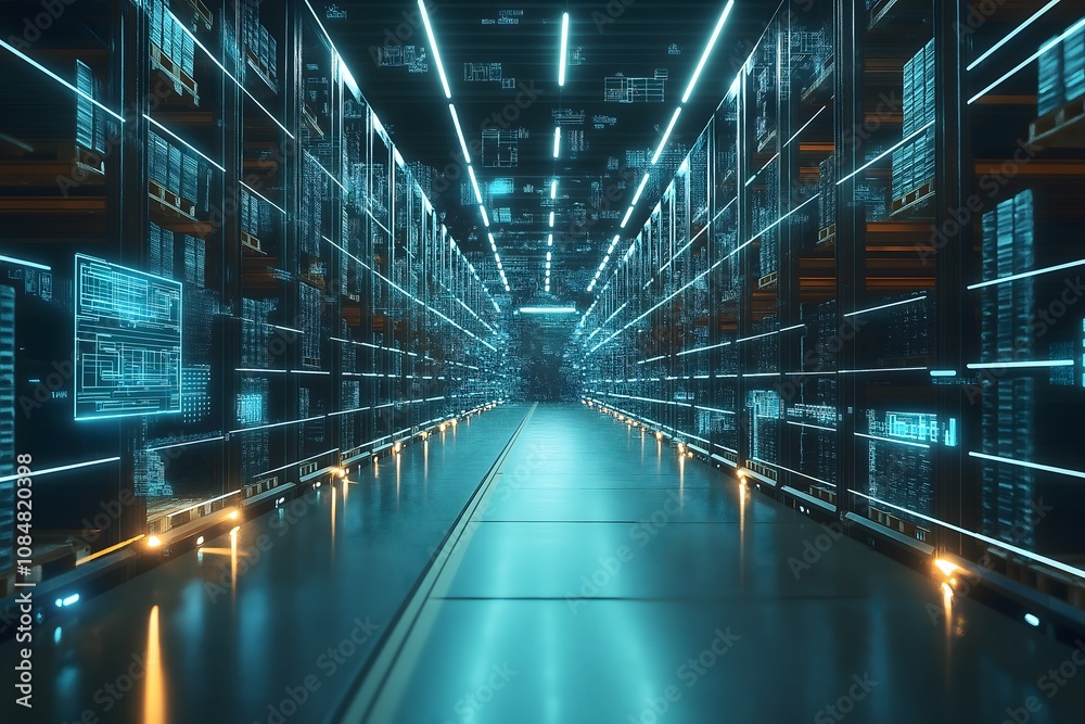 Smart warehouse management system with innovative internet of things technology IOT. Future concept of supply chain and logistic network business