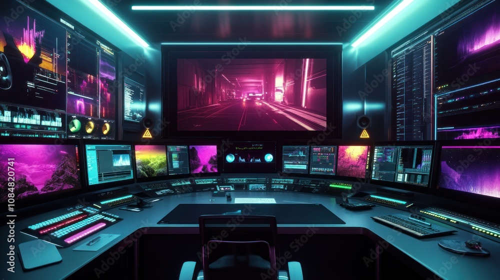 A futuristic control room with multiple screens displaying data and visuals. A futuristic control room with multiple screens displaying data and visuals.