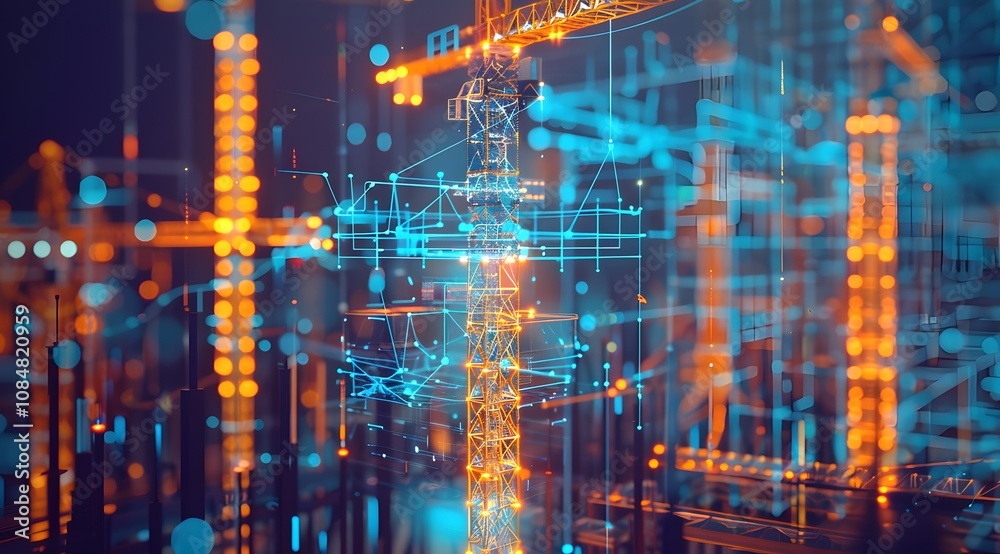 A digital rendering of a construction site with vibrant data overlays.