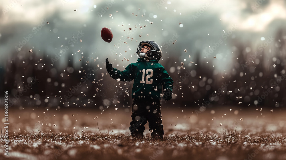 A young child wearing a football jersey tosses a ball in a snowy field during winter with a cloudy sky overhead A young child wearing a football jersey tosses a ball in a snowy field during winter with a cloudy sky overhead