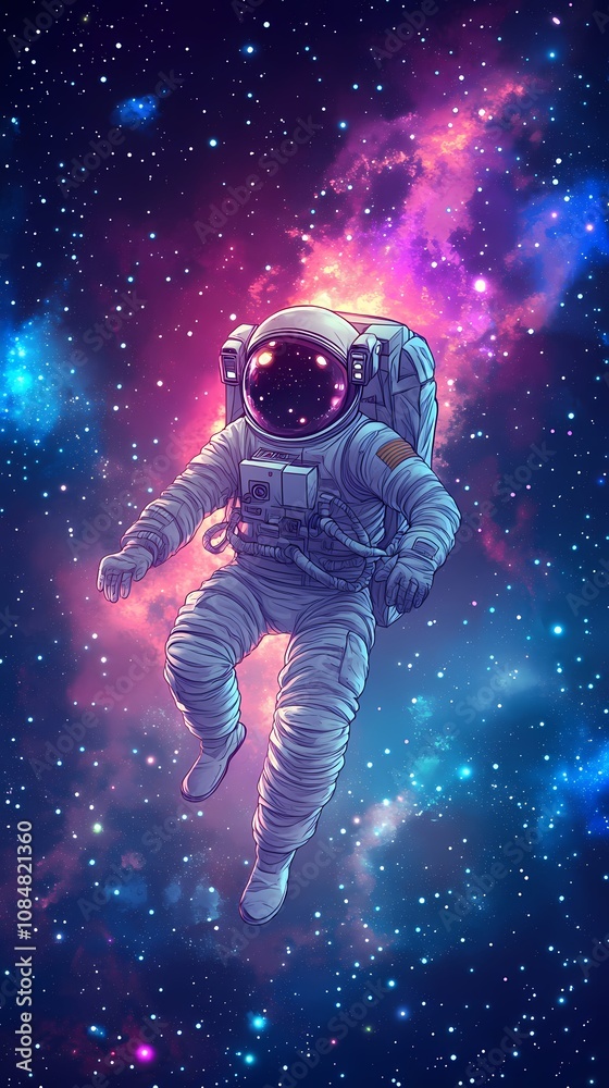 An astronaut floats in a vibrant cosmic scene filled with colorful nebulae and stars. An astronaut floats in a vibrant cosmic scene filled with colorful nebulae and stars.