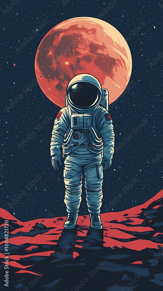 Obraz premium An astronaut stands on a red lunar landscape with a large moon in the background.