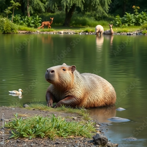 Relaxed Capybara Lounging by the Tranquil Riverbank photo