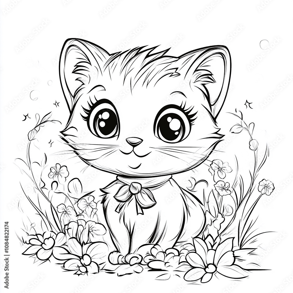 Obraz premium cartoon style coloring page for kids with cute cat