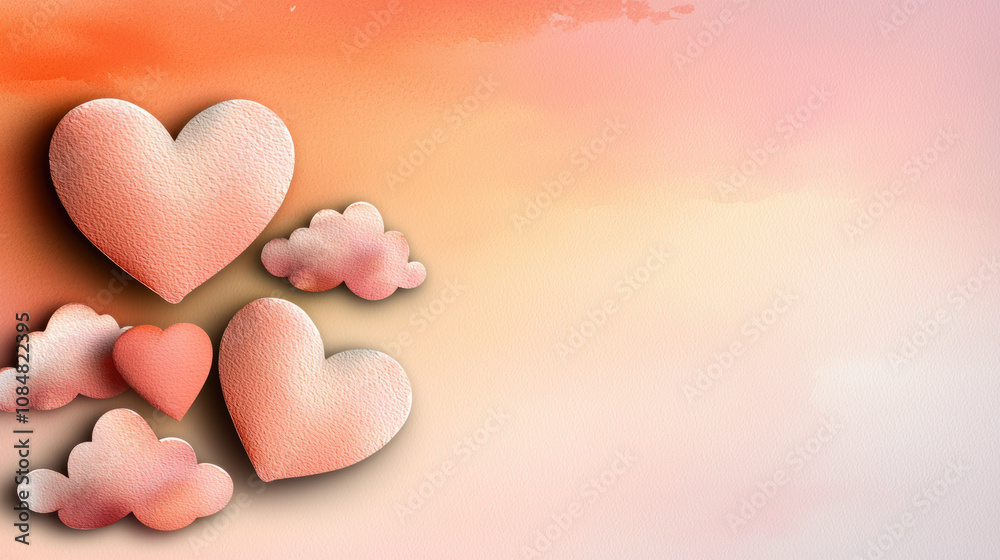 Fototapeta premium Romantic watercolor hearts and clouds on soft gradient background evoke love and warmth. Perfect for Valentine Day or romantic occasions