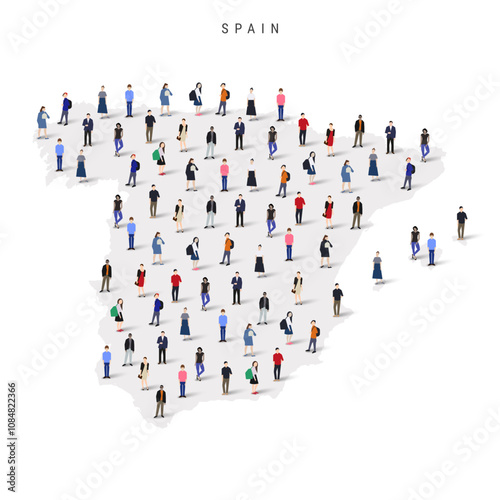 Spain population map. Large group of realistic a diverse crowd of people figures in a shape of Spanish map. Flat vector illustration isolated on white.