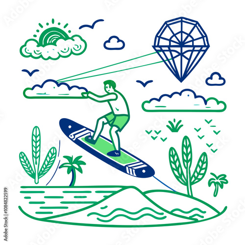 Kite Surfing Summer Fun: A vibrant line art illustration of a man kitesurfing, enjoying a sunny day at the beach with stylized clouds, cacti, and palm trees.