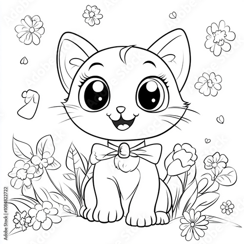 cartoon style coloring page for kids with cute cat
