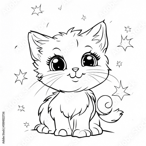 cartoon style coloring page for kids with cute cat