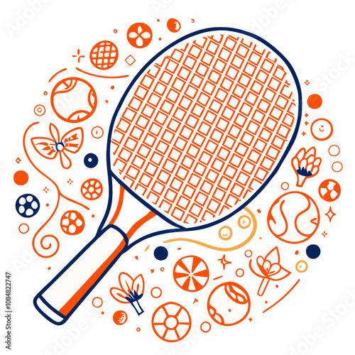 Tennis Racket Illustration:  A vibrant and playful illustration of a tennis racket surrounded by a whimsical array of abstract elements. perfect for promoting sports, health.