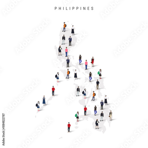 Philippines population map. Large group of realistic a diverse crowd of people figures in a shape of Philippine map. Flat vector illustration isolated on white.