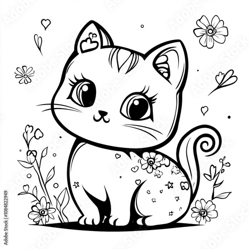 cartoon style coloring page for kids with cute cat