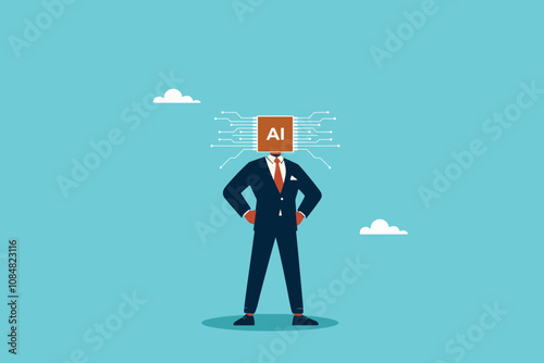 AI Assistant in the Cloud, smart businessman with an Artificial Intelligence Chip head