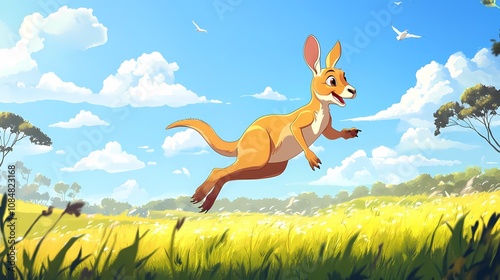 A vibrant cartoon kangaroo leaps joyfully across a sunny, grassy landscape under a blue sky. photo