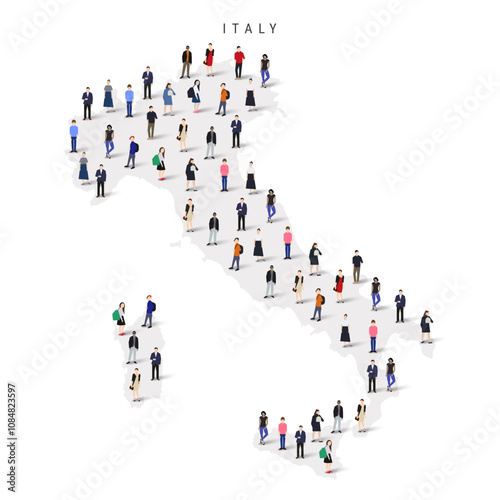 Italy population map. Large group of realistic a diverse crowd of people figures in a shape of Italian map. Flat vector illustration isolated on white.