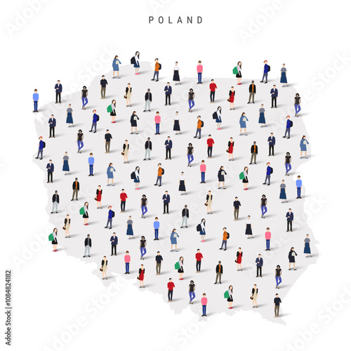 Poland population map. Large group of realistic a diverse crowd of people figures in a shape of Polish map. Flat vector illustration isolated on white.