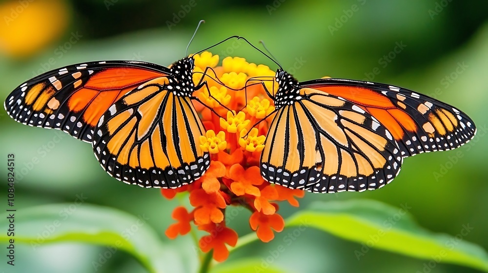 Fototapeta premium Two Monarch Butterflies Interacting on Orange Flowers