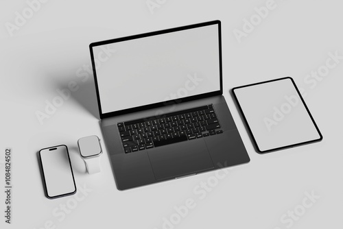 Gadget Realistic Layouts - smartphone, tablet, laptop with a blank screen for your design. Layouts of electronic devices in the rotated position